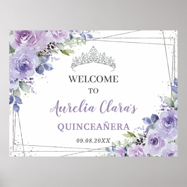 Quinceañera Lila Lilac Floral Silberschmetterlinge Poster (Vorne)