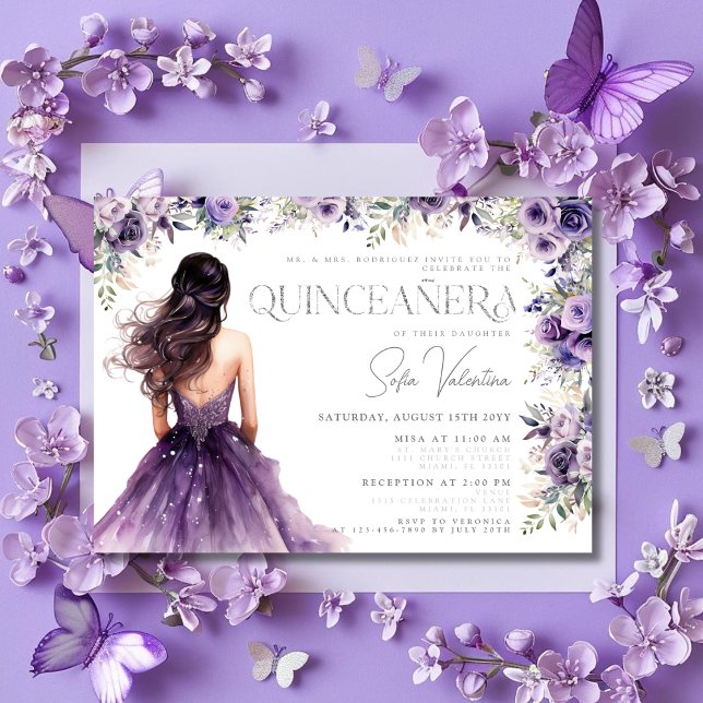 Quinceañera Lila Lilac Floral Silver Gown Einladung (Quinceañera Purple Lilac Floral Silver Gown Invitation)