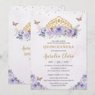 Quinceañera Lila Lilac Floral Tiara Butterfliegen Einladung