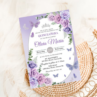 Quinceañera Lila Lilac Floral Tiara Butterfliegen Einladung