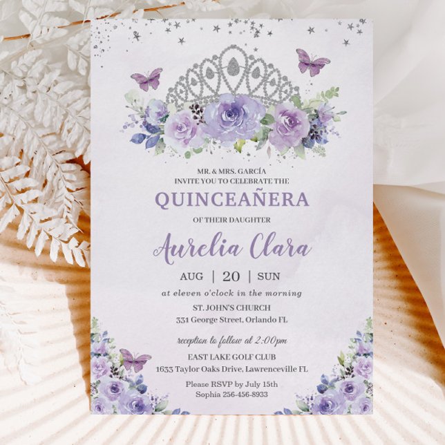 Quinceañera Lila Lilac Floral Tiara Butterfliegen Einladung (purple-lilac-lavender-floral-silver-crown-quinceanera-sweet-sixteen-birthday-invitation-cards)