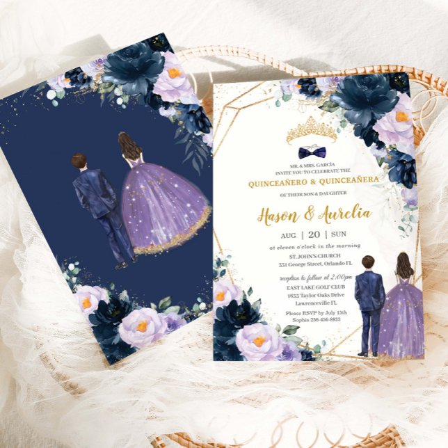 Quinceañera Lila Lilac Navy Blue Floral Twins Einladung (Von Creator hochgeladen)