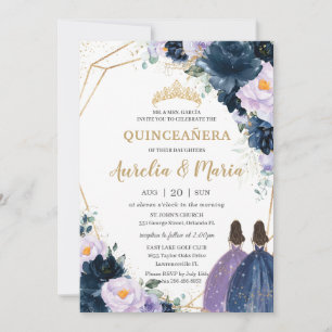 Quinceañera Lila Lilac Navy Blue Floral Twins Einladung