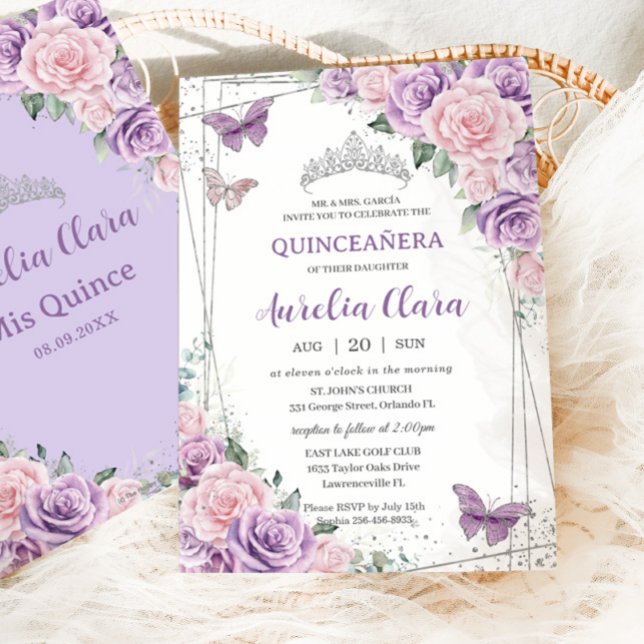 Quinceañera Lila Lilac Pink Flora Schmetterlinge Einladung (Von Creator hochgeladen)