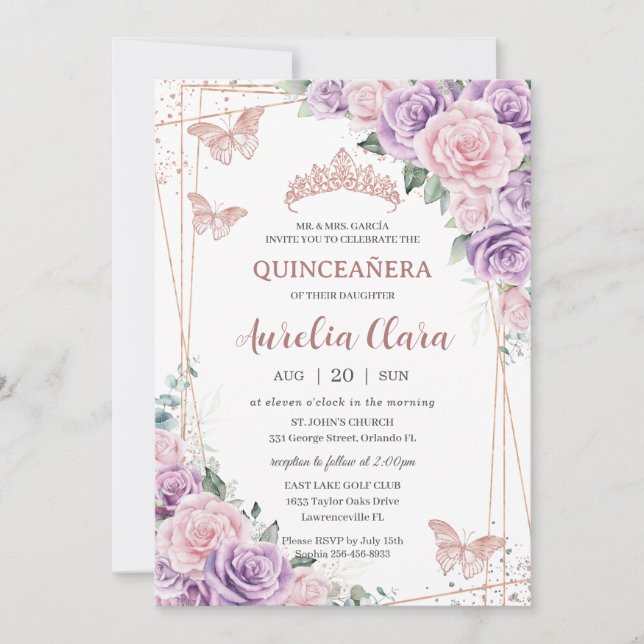 Quinceañera Lila Lilac Pink Rose Gold Einladung (Vorderseite)