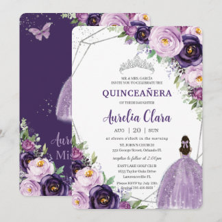 Quinceañera Lila Lilac Plum Floral Silver Dress Einladung