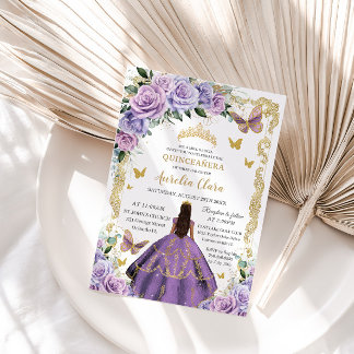 Quinceañera Lila Lilac Rose Floral Gold Prinzessin Einladung