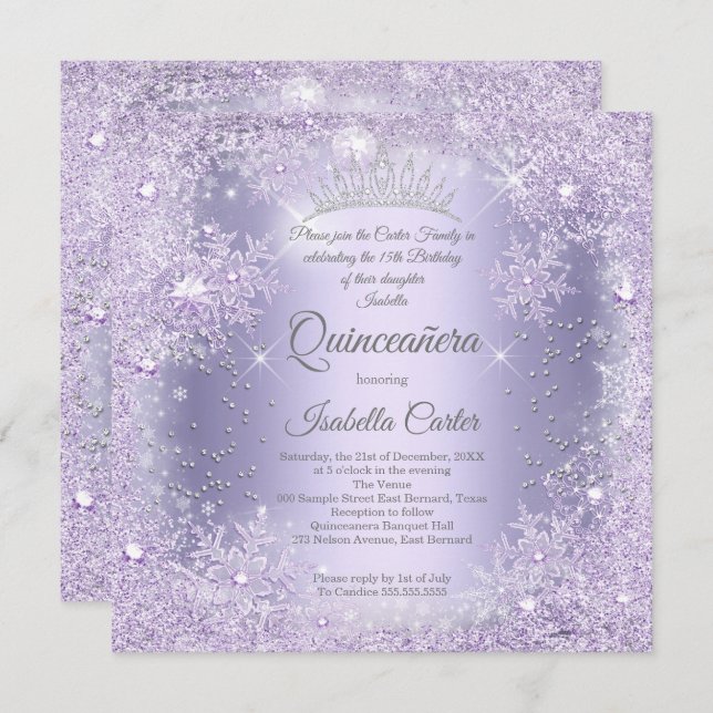Quinceanera Lila Lilac Snowflake Winter Party Einladung (Vorne/Hinten)