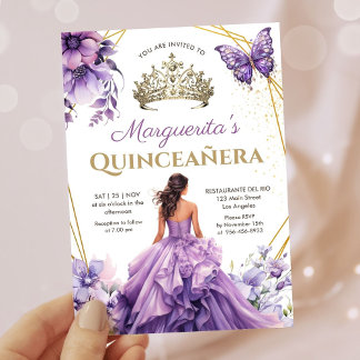 Quinceañera Lila Lilac Tiara Floral Butterfly Einladung