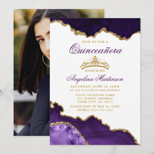 Quinceanera Lila Marble Gold Crown Foto Einladung