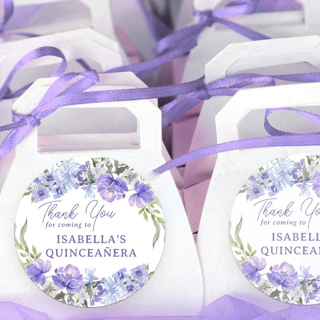 Quinceanera Lila Peri Floral Vielen Dank Runder Aufkleber (Quinceanera thank you stickers with elegant purple floral theme)