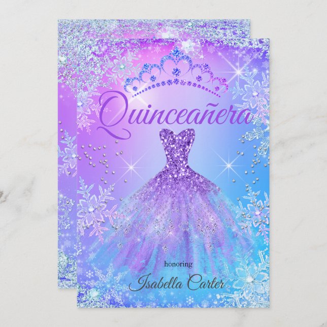 Quinceanera Lila Pink Blue Winter Wonderland 2 Einladung (Vorne/Hinten)
