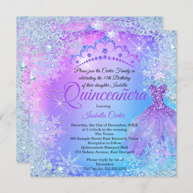 Quinceanera Lila Pink Blue Winter Wunderland Einladung (Vorne/Hinten)