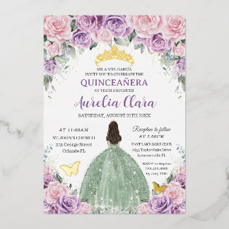 Quinceañera Lila Pink Floral Sage Grünes Kleid Folieneinladung