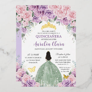 Quinceañera Lila Pink Floral Sage Grünes Kleid Folieneinladung