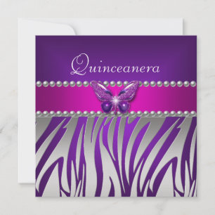 Quinceanera Lila Rosa Zebra Silber Schmetterling Einladung