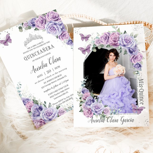 Quinceañera Lila Rose Blüten Schmetterlinge Foto Einladung (Von Creator hochgeladen)