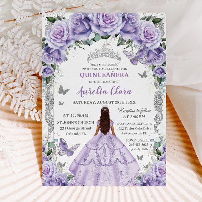 Quinceañera Lila Rose Floral Silver Princess Einladung (Von Creator hochgeladen)