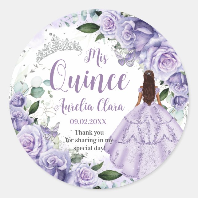 Quinceañera Lila Rose Floral Silver Princess Runder Aufkleber (Vorderseite)