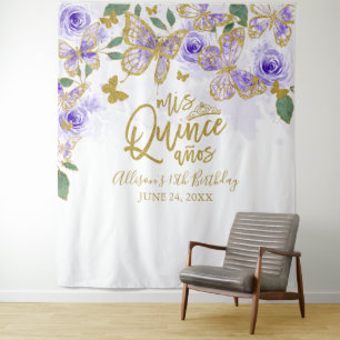 Quinceanera Lila Schmetterlinge Floraler Hintergru Wandteppich
