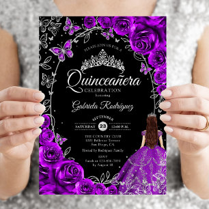 Quinceanera Lila Silber Blumen Einladung