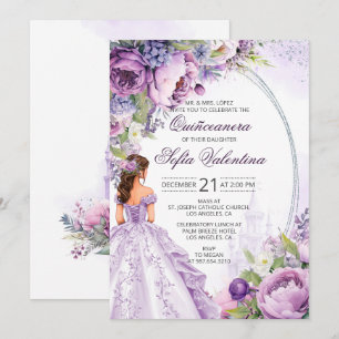 Quinceanera Lila Silber Blumen Einladung
