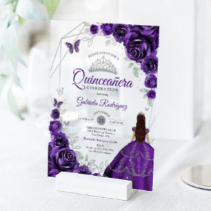 Quinceanera Lila Silber Blumenkleid Acryleinladungen