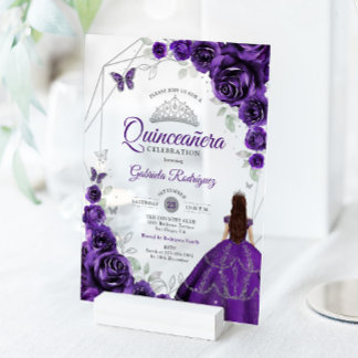Quinceanera Lila Silber Blumenkleid Acryleinladungen