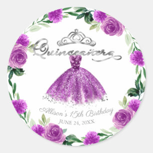 Quinceanera Lila Silbernes Kleid Floral Runder Aufkleber