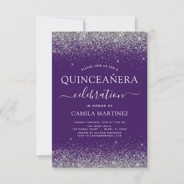 Quinceanera Lila Silver Modern Glitzer Einladung (Vorderseite)
