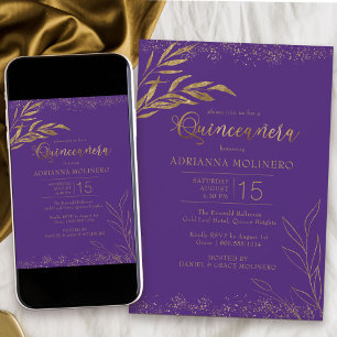 Quinceanera Lila und Gold Blatt Elegantes Geburtst Einladung