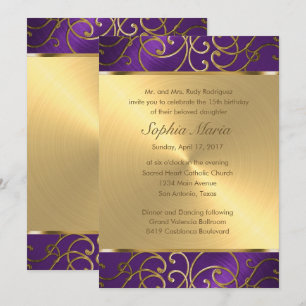 Quinceanera Lila und Gold Filigree Wirbel Einladung