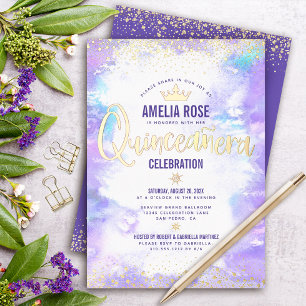 Quinceañera Lila Wasserfarbe Glam-Krone Echtgold Folieneinladung