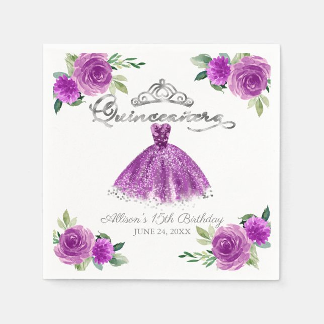 Quinceanera Lila Wasserfarbenrosa Blütenblättrige Serviette (Vorderseite)
