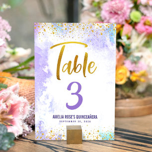 Quinceañera Lila Watercolor Gold Glitzer Script Tischnummer