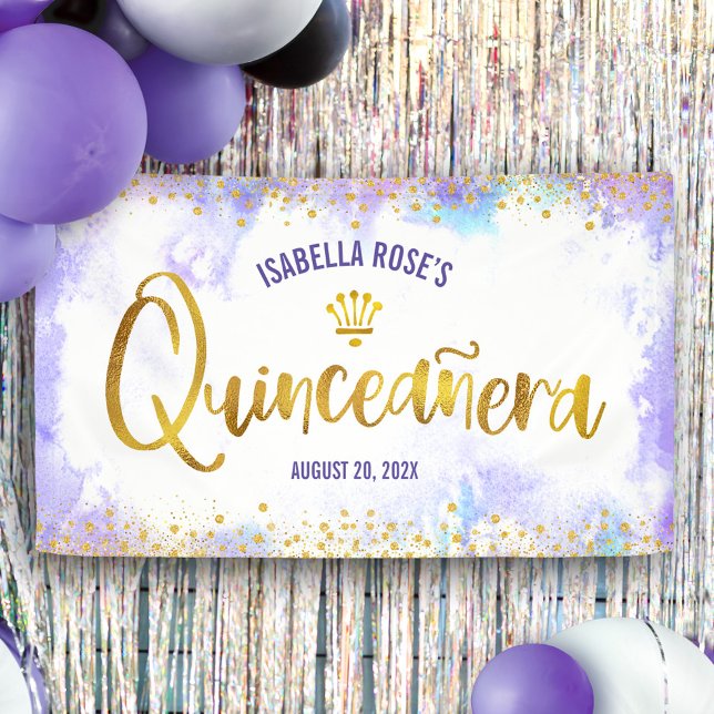 Quinceañera Lila Watercolor Gold-Script Willkommen Banner (Von Creator hochgeladen)