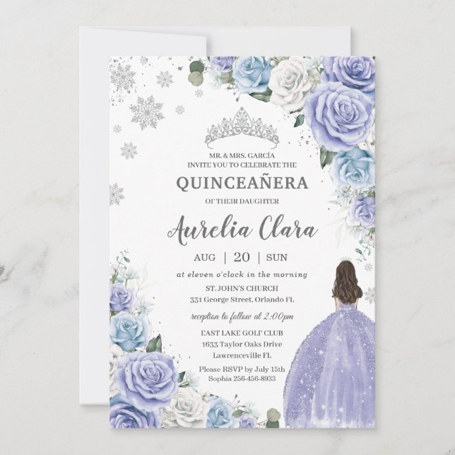 Quinceañera Lila weißblauer Blauer Winter Schnee Einladung (Vorderseite)