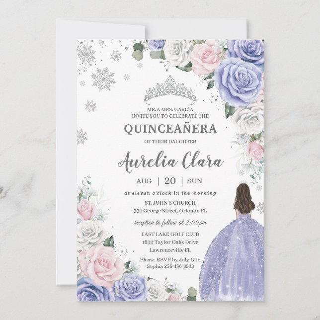 Quinceañera Lila Weißrosa Blütenschnee Einladung (Vorderseite)