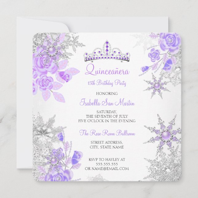 Quinceanera Lila Winter Wonderland Schneeflocke Einladung (Vorderseite)