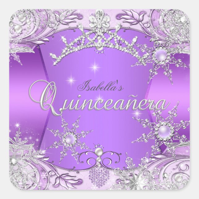 Quinceanera Lila Winter Wonderland Schneeflocken Quadratischer Aufkleber (Vorderseite)