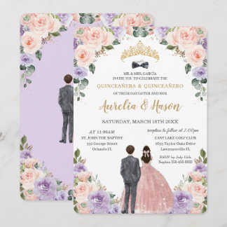 Quinceañera Lilac Blush Blume Twins Boy Girl Einladung