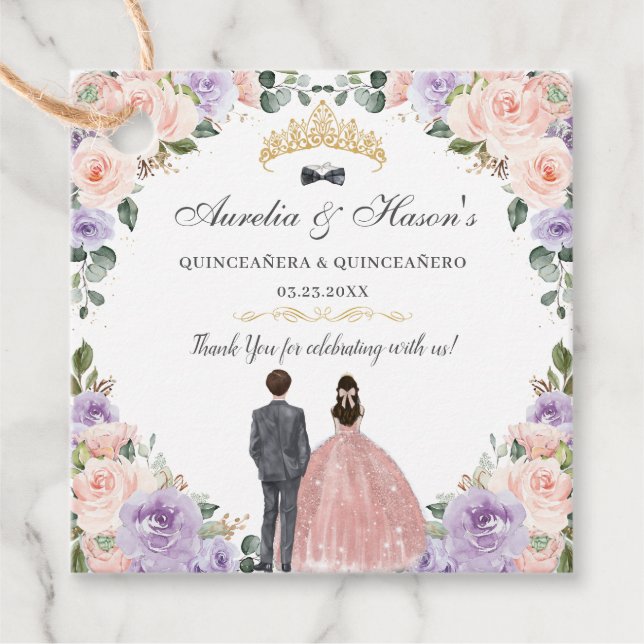 Quinceañera Lilac Blush Floral Twins Boy Girl Geschenkanhänger (Vorderseite)