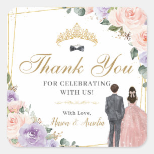 Quinceañera Lilac Blush Floral Twins Boy Girl Quadratischer Aufkleber