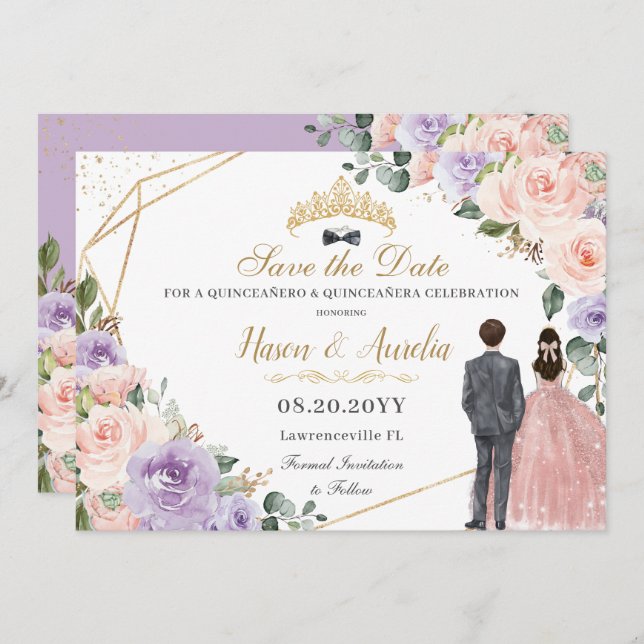 Quinceañera Lilac Blush Floral Twins Boy Girl Save The Date (Vorne/Hinten)