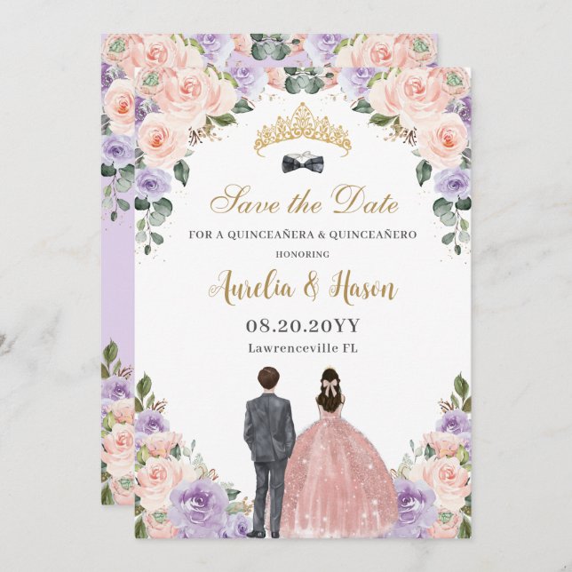 Quinceañera Lilac Blush Floral Twins Boy Girl Save The Date (Vorne/Hinten)