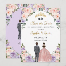 Quinceañera Lilac Blush Floral Twins Boy Girl Save The Date