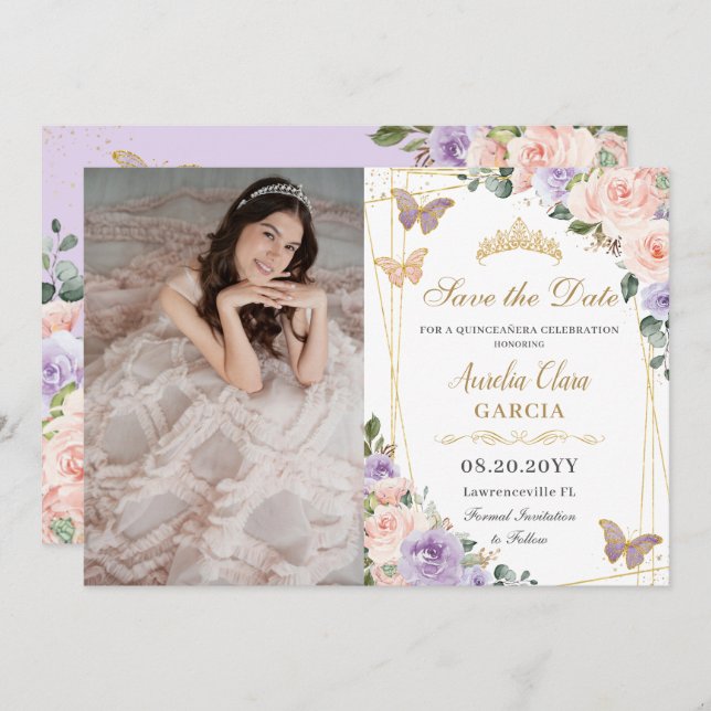Quinceañera Lilac Blush Foto Save The Date (Vorne/Hinten)
