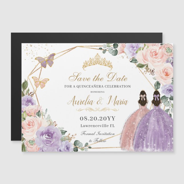 Quinceañera Lilac Blush Rose Gold Twins Magnetkarte (Vorne/Hinten)