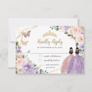 Quinceañera Lilac Blush Rose Gold Twins RSVP Karte