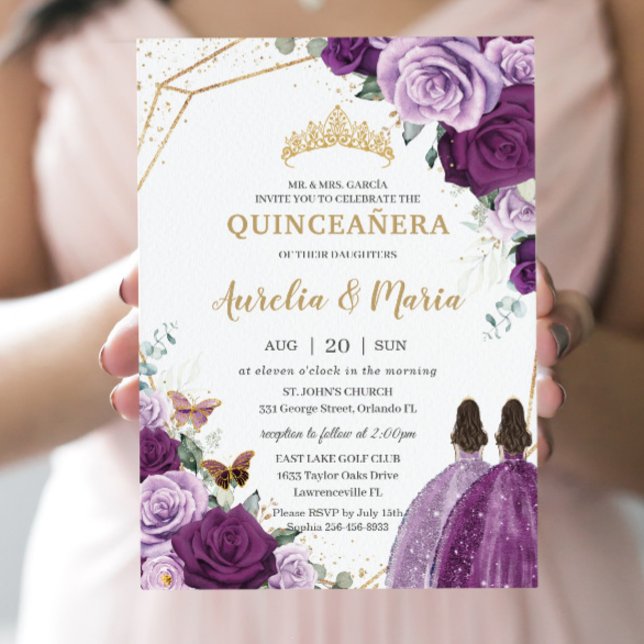 Quinceañera Lilac Dark Lila Plum Floral Twins Einladung (Von Creator hochgeladen)